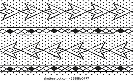Line ornament with abstract geometric shapes in black and white colors on polka dot background. Vector flat seamless border and motif design