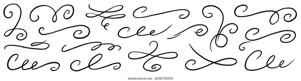 Line ornament flourish calligraphy swirl set. Elegant flourish divider, underline and scroll swash wedding font, label or accent. Line art swirl, chalk flourish, vintage ornament. Vector illustration