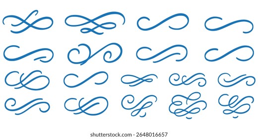 Line ornament flourish calligraphy swirl set. Elegant flourish divider, underline and scroll swash wedding font, label or accent. Line art swirl, chalk flourish, vintage ornament. Vector illustration