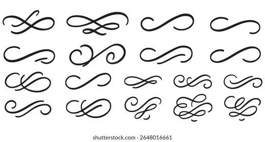 Line ornament flourish calligraphy swirl set. Elegant flourish divider, underline and scroll swash wedding font, label or accent. Line art swirl, chalk flourish, vintage ornament. Vector illustration