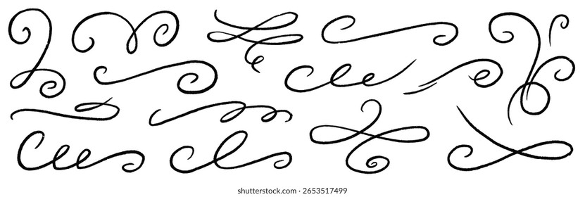 Line ornament flourish calligraphy swirl set. Elegant flourish divider, underline and scroll swash wedding font, label or accent. Line art swirl, chalk flourish, vintage ornament. Vector illustration
