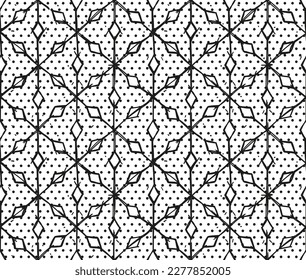 Line ornament with rhombus and geometric lattice in black and white colors on polka dot background. Vector flat seamless pattern
