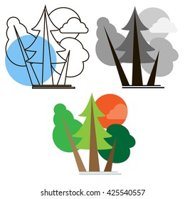 Line, outline and flat design tree set vector illustration. Can be use for logo and label