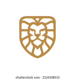 Line outline lion head shield logo design. Lion crest vector icon