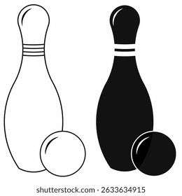 line outline silhouette black and white bowling pin and ball silhouette set. Great for sports icons, logos, event posters, symbol or game graphics. Minimalist vector illustration