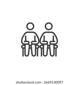 Line outline vector icon of seated figures in a circle. Symbol for emotional support, social group, and community. Minimal group therapy style icon.