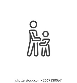 Icono de Vector de contorno de línea que muestra una figura adulta que recibe a un niño. Símbolo de adopción, cuidado familiar y tutela. Diseño de icono de crianza mínimo.