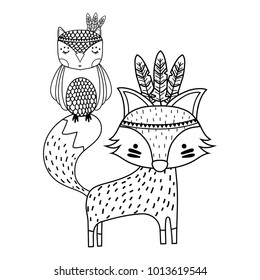 line owl and fox animals with feathers design