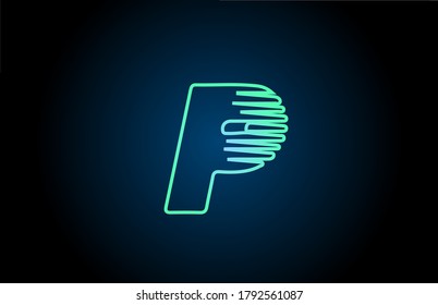 line P green blue alphabet letter logo icon. Glowing wire for business and company design