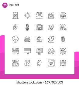 Line Pack of 25 Universal Symbols of music; video; astronomy; laptop; wellness Editable Vector Design Elements