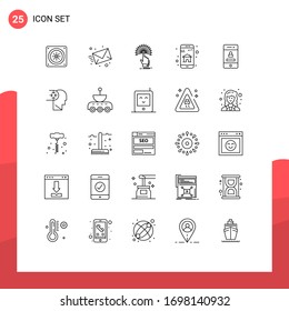 Paquete de línea de 25 símbolos universales de protección; aplicación móvil; tocar; inteligente; elementos de diseño de vectores editables de aplicaciones