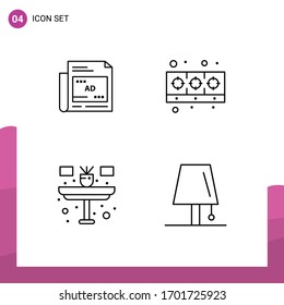 Line Pack mit 4 universellen Zeitungssymbolen; Blume; Schlagzeile; Lebensmittel; Design-Elemente für bearbeitbare Vektorillustrationen