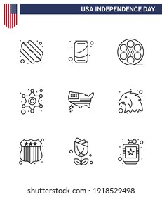 Line Pack of 9 USA Independence Day Symbols of thanksgiving; american; play; police sign; police Editable USA Day Vector Design Elements