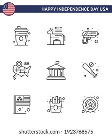 Line Pack of 9 USA Independence Day Symbols of american; bank; gun; american; location Editable USA Day Vector Design Elements
