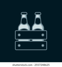 Line Pack of beer bottles icon isolated on black background. Wooden box and beer bottles. Case crate beer box sign. Flat filled outline style with shadow. Vector