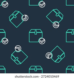 Caja de paquete de línea con icono de marca de verificación aislado sin patrón sobre fondo negro. Caja de paquete con marca de verificación. Entrega aprobada o Comprobante de paquetes exitoso.  Vector