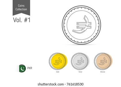 Line Pakistani Rupee coin vector. Isolated on white background. Simple thin line coin icons for websites, web design, mobile app, infographics.
