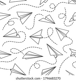 Line paper airplane seamless pattern. Flying planes from different direction with dotted line tracks, black drawing wallpaper vector texture, fabric. Post delivery flight, invention concept