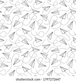 Line paper airplane seamless pattern. Flying black origami planes of different angles and dotted line trails on white background. Creative design textile, wrapping paper, wallpaper vector texture