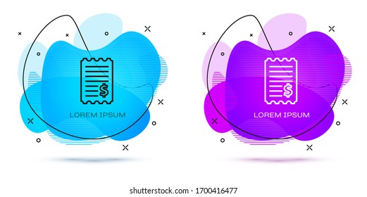 Line Paper check and financial check icon isolated on white background. Paper print check, shop receipt or bill. Abstract banner with liquid shapes. Vector Illustration