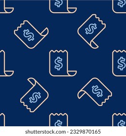Line Paper check and financial check icon isolated seamless pattern on blue background. Paper print check, shop receipt or bill.  Vector