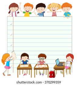 Line paper design with children in classroom illustration