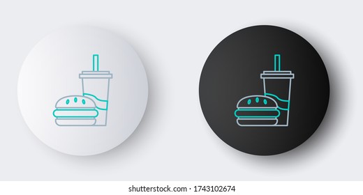 Line Paper glass with drinking straw and burger icon isolated on grey background. Soda aqua drink sign. Hamburger, cheeseburger sandwich. Colorful outline concept. Vector