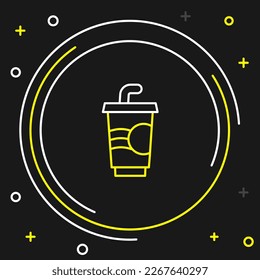 Line Paper glass with drinking straw and water icon isolated on black background. Soda drink glass. Fresh cold beverage symbol. Colorful outline concept. Vector