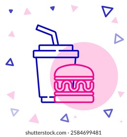 Line Paper glass with drinking straw and burger icon isolated on white background. Soda aqua drink sign. Hamburger, cheeseburger sandwich. Colorful outline concept. Vector