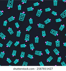 Line Paper glass with drinking straw and water icon isolated seamless pattern on black background. Soda drink glass. Fresh cold beverage symbol.  Vector Illustration