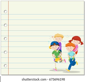 Line paper and kids playing piggy back ride in background illustration