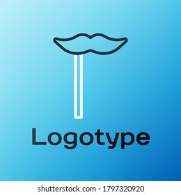 Line Paper mustache on stick icon isolated on blue background. Concept with cardboard carnival mask. Mask for a photo shoot. Colorful outline concept. Vector Illustration
