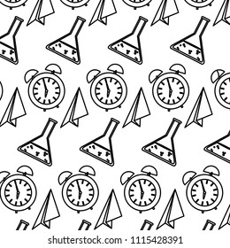 line paper plane with clock and erlenmeyer background