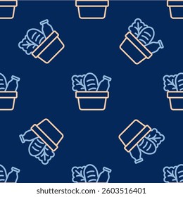 Line Paper shopping bag and food icon isolated seamless pattern on blue background. Food store, supermarket.  Vector