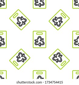 Line Paper shopping bag with recycle icon isolated seamless pattern on white background. Bag with recycling symbol.  Vector Illustration