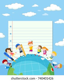 Line paper template with kids on earth illustration