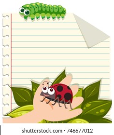Line paper template with ladybug and caterpillar illustration