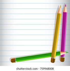 Line paper template with three color pencils illustration