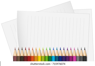 Line papers and many color pencils illustration