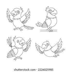 Line parrot bird flying and sitting. Outline cartoon character isolated on white for coloring book. Vector set