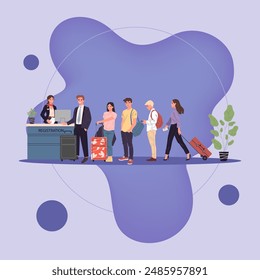 Line of passengers at airport registration desk. Queue of travelers waiting for check in to their flight. Vector illustration for travel, vacation, departure, boarding concept