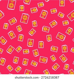 Line Passport with biometric data icon isolated seamless pattern on red background. Identification Document.  Vector