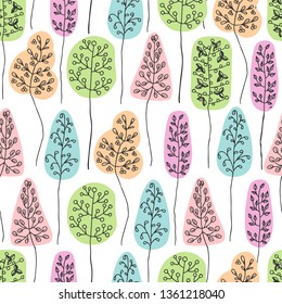 Line pastel tree seamless pattern. Hand drawn color vector illustration.