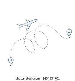 Line path of air plane with start point and dash line trace. Vector illustration for graphic and web design. Line drawing style