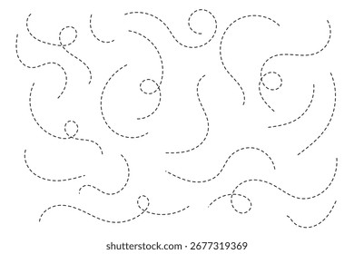 Caminho da linha. Caminho de linha pontilhada. Rotas definidas. Vias pontilhadas. Conjunto de rotas de avião. rota curva suave e marcadores de pino, ideal para mapas de navegação, planejamento de viagem, logística, rastreamento GPS, rotas de entrega.