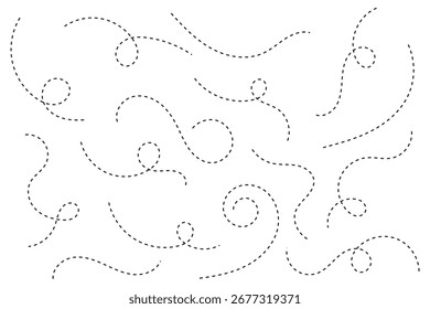 Caminho da linha. Caminho de linha pontilhada. Rotas definidas. Vias pontilhadas. Conjunto de rotas de avião. rota curva suave e marcadores de pino, ideal para mapas de navegação, planejamento de viagem, logística, rastreamento GPS, rotas de entrega.