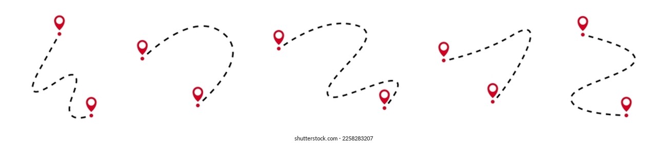 Line path with location pointers. Black dotted line path with red location pin pointers. Line paths collection. GPS navigation concept. Vector EPS 10