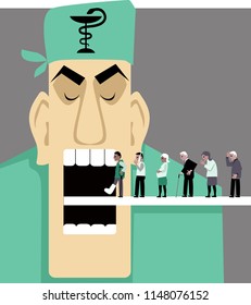 Line of patients moving inside a horrible mechanical doctor mouth, EPS 8 vector illustration