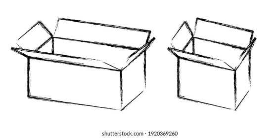 Line Pattern, Cardboard Boxes. Carton Delivery Packaging With Fragile Signs. Vector Open Flat Carton Box. Paper Boxes. Moving Box Or We Have Moved, Changed Address. 