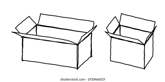 Line Pattern, Cardboard Boxes. Carton Delivery Packaging With Fragile Signs. Vector Open Flat Carton Box. Paper Boxes. Moving Box Or We Have Moved, Changed Address. 